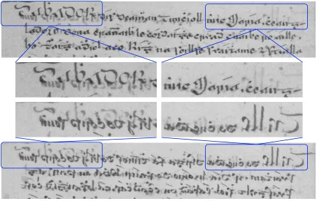 Figure 3.1: The strength of bleed-through cannot be assumed constant across a page: Recto andverso manuscript extracts, with cropped sections highlighting the variations in bleed-throughstrength