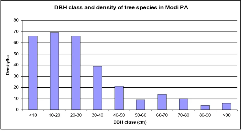 Figure 8. DBH Class and Density of woody species in Modi PA  