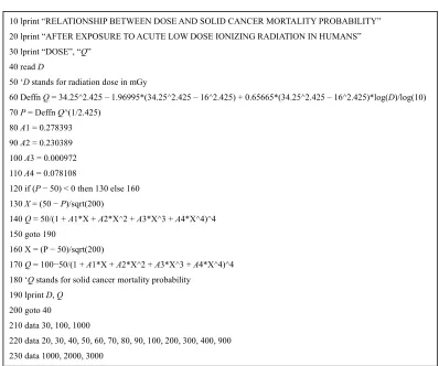 Figure 3. Computer program for Eq.2 to calculate solid cancer mortality probability (%) in life-time fol-low-up after exposure to acute low dose ionizing radiation in humans