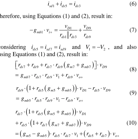 Figure 2V shows the proposed amplifier without bias and CMFB circuits. Using Kirchhoff’s Current Law at the node  , the KCL Equation becomes: 