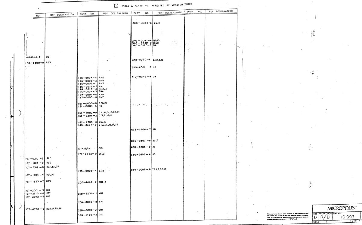 TABLE :!. PARTS NOT AFFECTED ·BY VERSION TABLE 