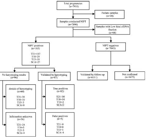 Figure 2. Summarizing study participants and NIPT results and clinical outcome. A total of 7910 pregnant women underwent NIPT in several obstetrical center