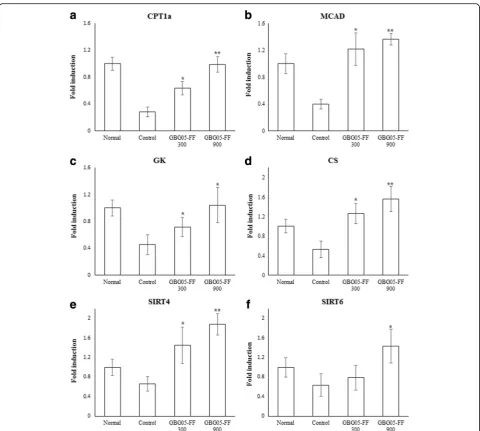 Fig. 8 Effects of GBG05-FF on the expression of CPT1α (a), MCAD (b), GK (c), CS (d), SIRT4 (e) and SIRT6 (f) in the muscle of mice