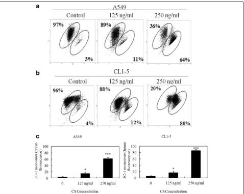 Fig. 4 Effects of CS on mitochondrial membrane potential in A549 and CL1-5 cells. a and b Cells were treated with the indicated concentrationsof CS for 24 h and then subjected to JC-1 fluorescence dye staining