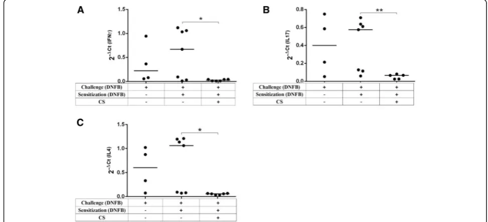 Fig. 4 Histological analysis of the skin from the inflammatory site. Paraffin-embedded sections of inflamed skin from negative control (positive control (a and b),c, d and e) and CS-treated (f and g) mice at 100× and 400×