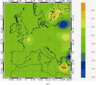 Figure 2. (a) Temperature (K) background at 00 UTC on 07 August 2008 at 700 hPa; (b) Temperature analysis (K) at the same time and level of (a); (c) Difference between (b) and (a)