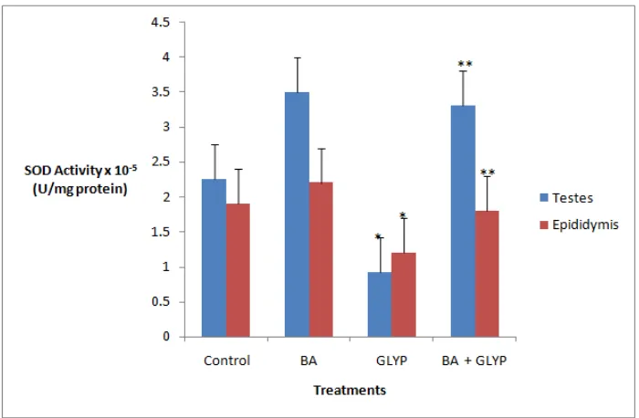 Fig. 3.4.1 Effects of Betulinic Acid on Superoxide dismutase (SOD) activity of testes and epididymis homogenates of rats administered  with Glyphosate    