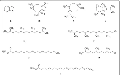 Fig. 2 Major compounds identified in GC-MS analysis of methanolic extract from P. hydropiper