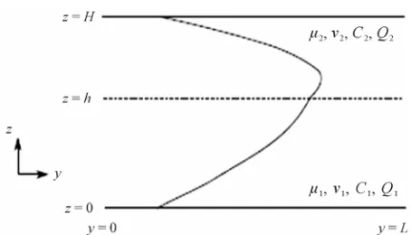 Figure 2. Schematic picture of stratified flow system show-ing all variables. The velocity profile shown is for μ1 > μ2, P0