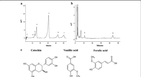 Fig. 4 a Chromatogram of 7 available polyphenol and flavonoid standards monitored at 280 nm and identified by retention time (minutes)1: catechin, 2: vanillic acid, 3: cafeic acid, 4: syringic acid, 5: rutin, 6: ferulic acid, 7: vanillin