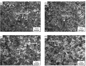 Figure 1. Microstructures obtained after hot stamping process with a transfer time: (a) 7 s, (b) 11 s, (c) 13 s, (d) 22 s