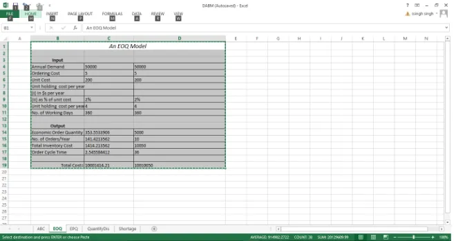Figure 2. Solution using excel for case I (Example of EOQ Model). 