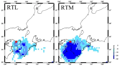 Fig. 3. Spatial distributions of the seismic quiescence in the RTL and RTM algorisms before the 1995 Kobe Earthquake
