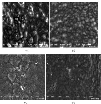 Figure 3. SEM micrograph of free machining Al-Zn-Sn-Bi alloy. (a) Al-0.1wt% Zn-0.2wt% Sn-0.22wt% Bi; (b) Al-0.1wt% Zn-0.5wt% Sn-0.54wt% Bi; (c) Al-0.1wt% Zn-1wt% Sn-1.08wt% Bi; (d) Al-0.1wt% Zn-1.5wt% Sn-1.63wt% Bi