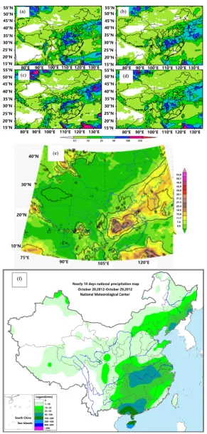 Figure 1. The cumulative precipitation of T639 (a); ECMWF (b); Japan (c); Multi-model integrated (d); ECMWF ensemble average forecast (e) and the observed precipitation (f) during 20-29 October 2012 (unit: mm)
