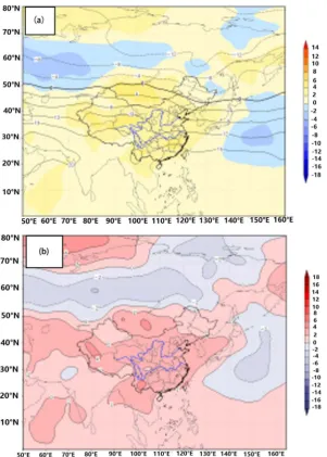 Figure 4. ECMWF 850 hPa temperature anomaly prediction field (a) and analysis field (b) during October 20-28 (unit: ˚C)