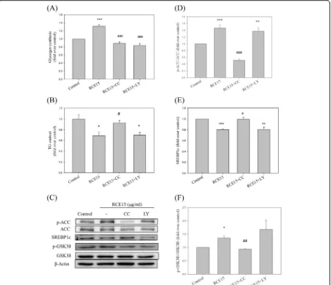 Fig. 4 Effects of LY294002 (LY) and compound C (CC) on glycogen synthesis and TG content in HepG2 cells