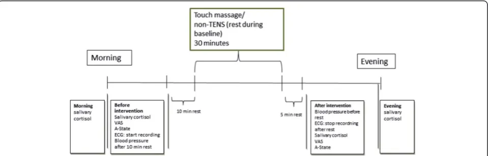 Fig. 1 Flow chart including intervention and assessments of anxiety, pain and physiological parameters during a day, which will be repeated atBL, W1 and W2