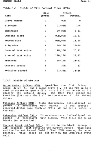 Table 1.1 of Fields File Control Block (FCB) 