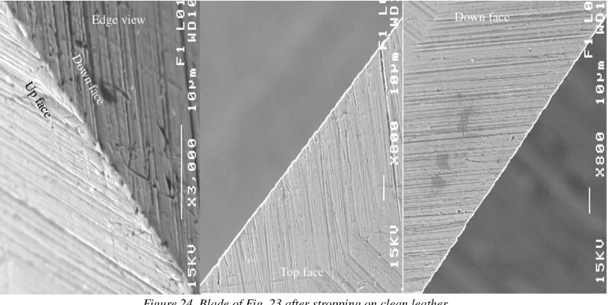 Figure 24 presents micrographs of the blade of Fig. 23 after it was stopped on theButz strop in the clean condition