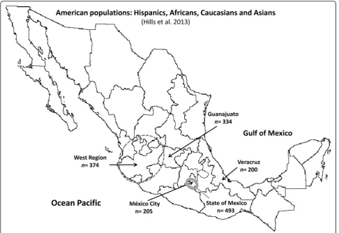 Fig. 1 Geographic location and sample size of the Mexican-Mestizo populations used for interpopulational analysis in this study