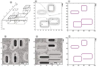 Fig. 4. Synthetic example: (a) Schematic outlines of model 1, (b) synthetic anomaly map (contour interval is 2 mGal), (c) edge map from CNN, (d)gray-shaded relief of cross-correlation map in the E-W direction, (e) gray-shaded relief of cross-correlation ma