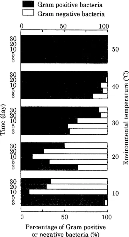 Fig. 4. Relation between the environmental temperature and the num- ber of viable microorganisms in the steady state
