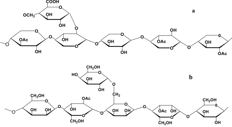 Figure 2. Structure of the main types of hemicelluloses found in wood (ANNIK VEZZIER, 1996)   