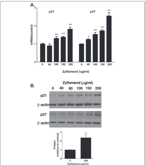 Figure 3 Impact of Zyflamend on mRNA and protein expression of p21 and p27. Cells were treated with increasing concentrations ofZyflamend (0, 40, 100, 150 and 200 μg/mL)