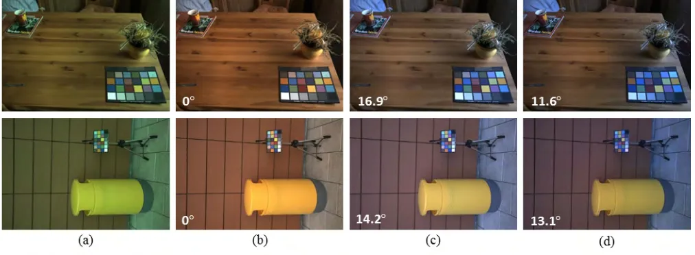 FIGURE 13. Two sample images from the gehler and shi dataset, their ground-truth images and their color-balanced images: (a) original, (b) ground truth,(c) Bianco et al
