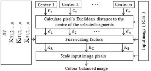 FIGURE 4. Block diagram of the proposed color constancy weightingfactor (CCWF) calculation for each pixel by fusing the initial CCWFs of theselected segments.