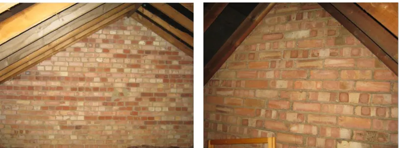 Figure 3.1: The brick pattern in the loft often provides clues about construction. Here, photo on the left shows a solid wall construction two bricks thick (notice the short ‘header’ bricks alternating in each course with longer ‘stretchers’)