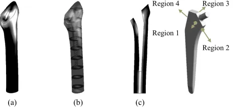 Figure 17. (a) Apparent density distribution of the implanted cuts of the femur’s model