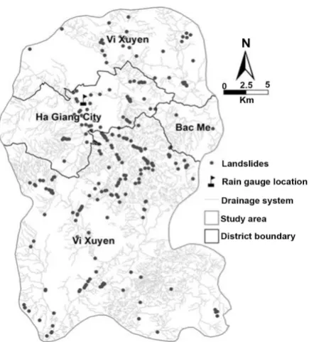 Figure 2. Map showing location of landslides, rain gauges and the drainage system of the study area