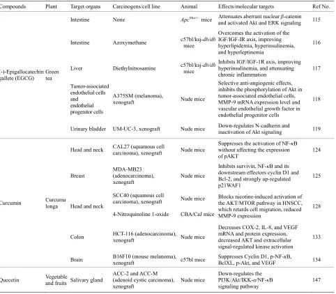 Table 1. Anticancer effect and mechanisms of natural compounds through NF-κB or PI3K/Akt pathway in vivo