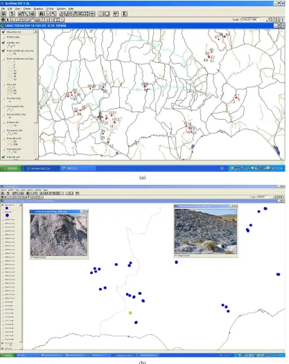 Figure 1. Location of phyllite sampling points (a) and illustration detail of pictures taken with a digital camera of the place where the samples were collected, which are linked to the yellow sample (b)