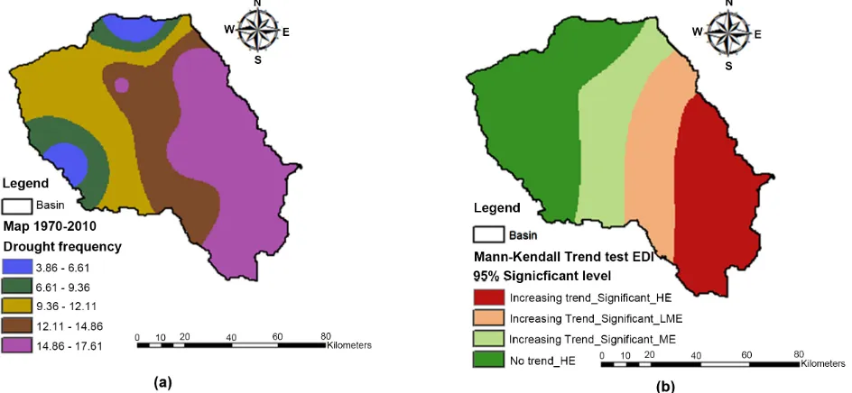 Figure 14. Spatially distributed (a) drought frequency based on SPI and (b) Mann-Kendall trend test of drought based on SPI