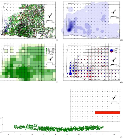 Figure 2.  Isernia La Pineta, Sector I. (a) t.3a—distribution of all remains (red: limestone; blue: flint; black: faunal elements; green: travertine); (b) t.3a—two- 