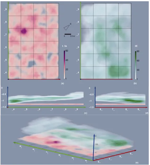Figure 5.  Isernia La Pineta, Sector I. (a) Density map of t.3a; (b) Density map of 3E; (c) Front view of the density patterns of t.3a and 3E; (d) Lateral view of the density patterns of t.3a and 3E; (e) Axonometric view of the density patterns of t.3a and