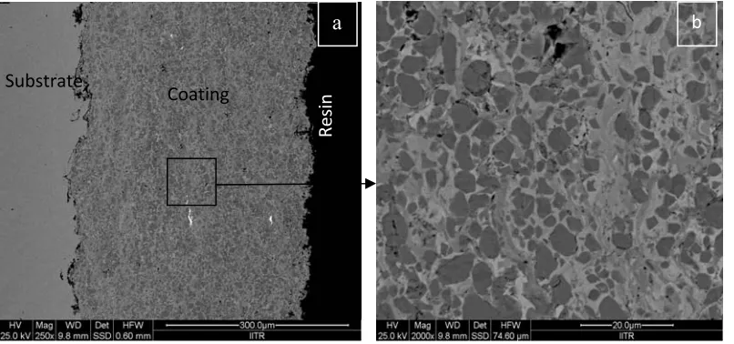Fig.4. BSEI micrograph showing cross-section morphology of HVOF sprayed 75Cr3C2-25NiCr coating on T91boiler steels in as-sprayed condition