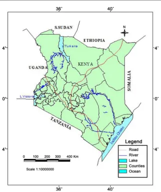 Figure 1. Location map of Kenya (Coordinate system used is Arc 1960 UTM Zone 37s). 
