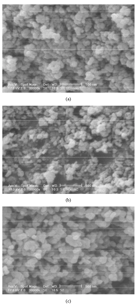 Figure 3. SEM image of TiO2 nanoparticles samples: as- synthesized TiO2 nanoparticles (a); TiO2 nanoparticles an- nealed at 600˚C (b) and TiO2 nanoparticles annealed at 800˚C (c)