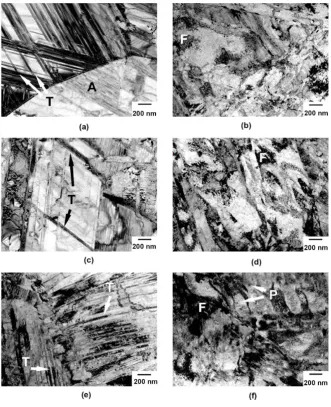 Figure 8. Bright-field TEM micrographs of the microstructure in specimens cut from the stamped B-pillar; (a) 4.6 Fe% sample before tensile deformation, (b) 4.6 Fe% sample after tensile deformation, (c) 13.9 Fe% sample before tensile deformation, (d) 13.9 F