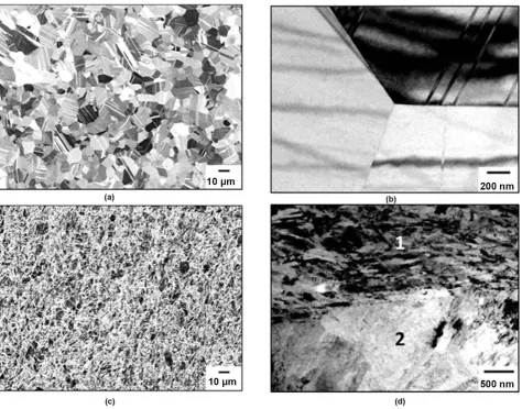 Figure 2. Microstructure in the NXG™ 1200 sheet before and after deformation; (a) SEM back-scattered micrograph of the initial structure before deformation (3GNS-BD), (b) TEM bright-field micrograph of the same initial structure before deformation (3GNS-BD
