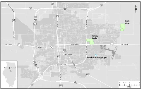 Figure 1. Overview map of Bloomington-Normal showing location of precipitation gauge, Eagle View and Holiday Knolls subdivisions