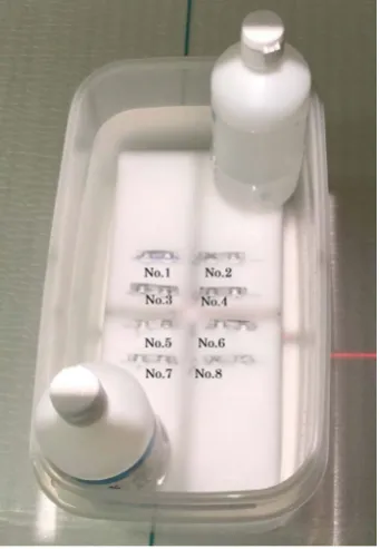 Figure 2. Abdominal soft tissue phantom with PTP sheets (No. 1 - No. 8). Above and below bottles containing water are the weights not to float melamine foam