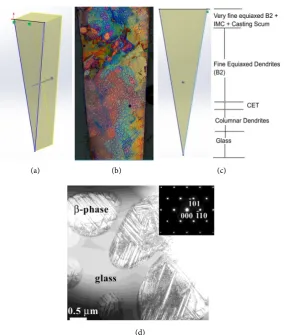 Figure 3. (a) Schematic 3D (b) Optical Micrograph of cross section (etched) (c) 2D Schematic showing regions (d) A specific region (from B2 dendrites) showing B19’ twins (B2 - B19’ TRIP)