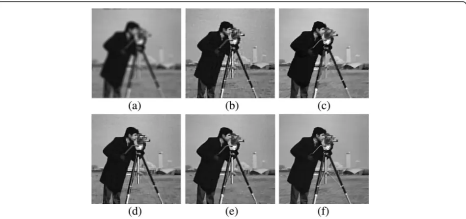 Fig. 6 Experiments on the blurry and noisy image of(PSNR = 22.45, “Cameraman” (256 × 256)