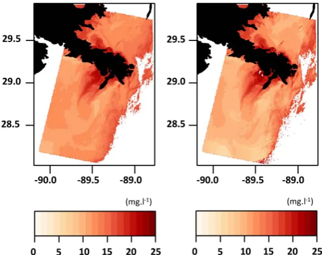 Table 6. In situ and OLI-retrieved SPM concentration (mg.l−1) using SWIR and NIR cor-rected Rrs products on 30 July 2014