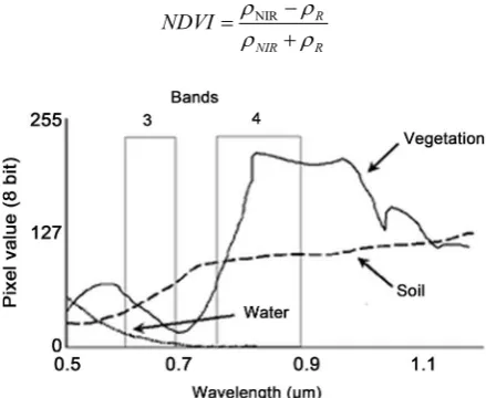 Figure 1. The reflectance curve from targets shows high slope between the red and near infrared bands (band 3 and 4 respectively) for vegetation and almost null gradient for water and soil